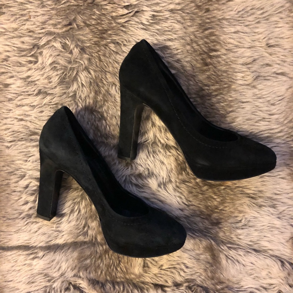 J Crew black suede 4-inch heel platform pumps, Italian leather